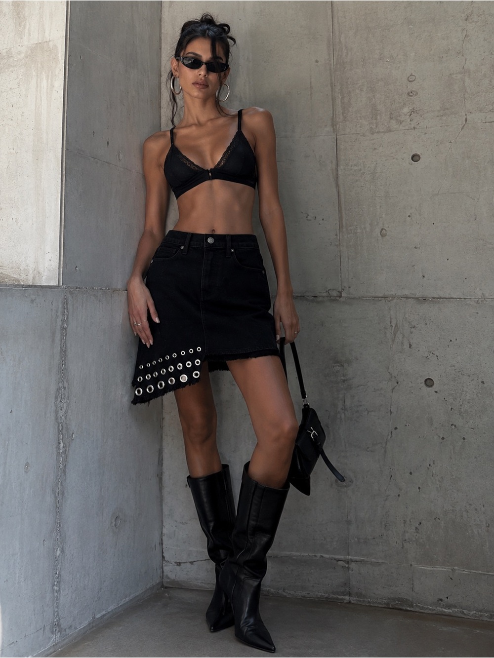 NWT Misa LA Denim Black Assymetrical Black  Denim Mini Skirt Revolve Sz 24 Sz 25